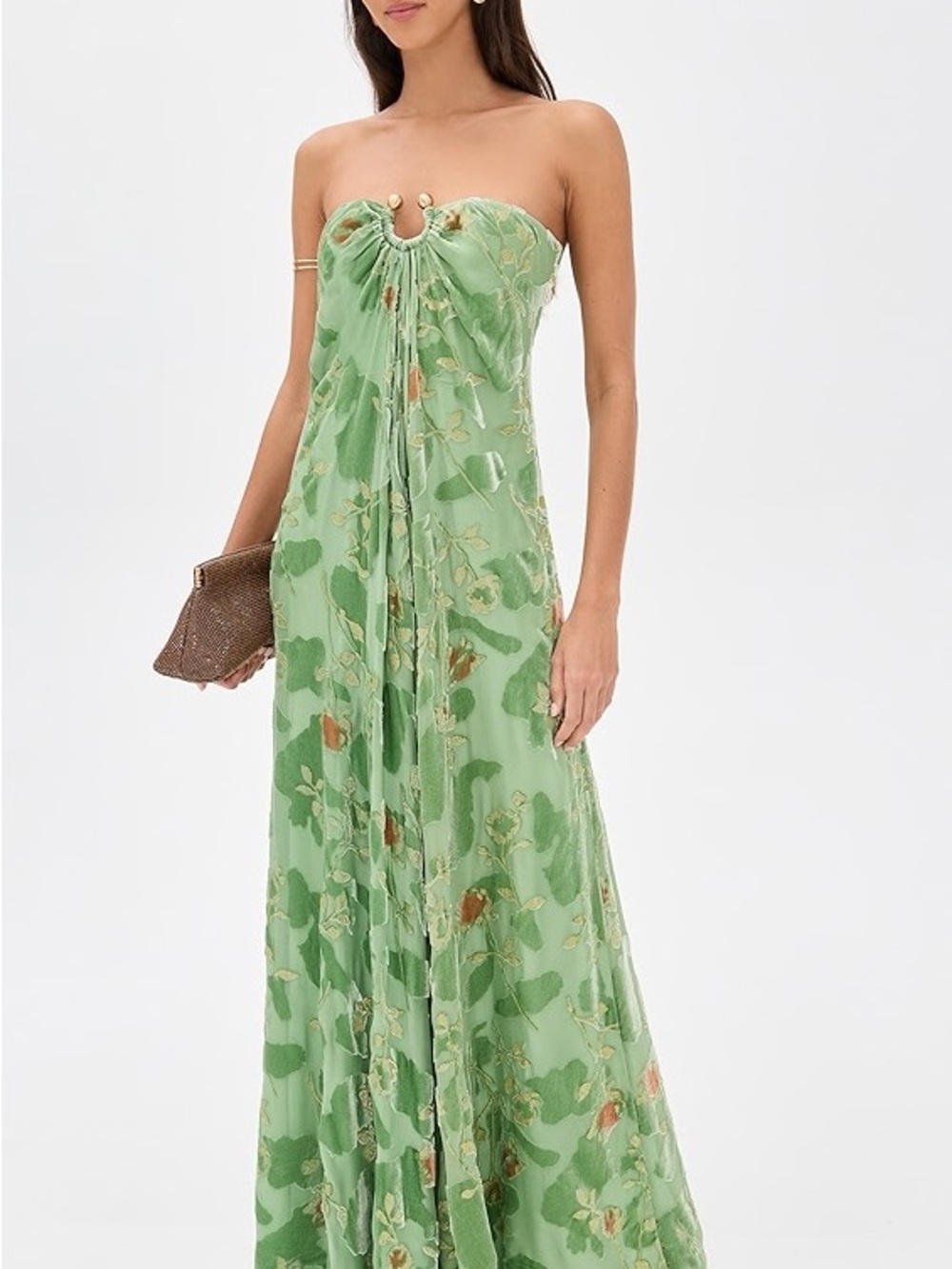 cult gaia Strapless Green Floral Renay Gown with Gold Accents